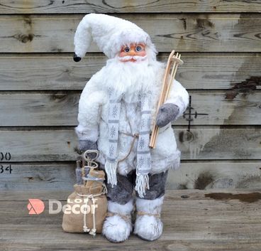 Дед Мороз в бело-сером костюме с лыжами 65x37см