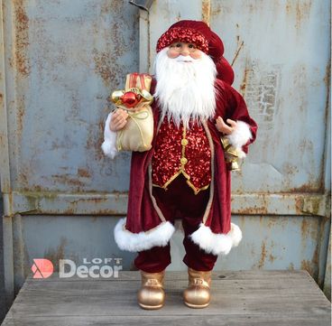 Новогодняя игрушка Дед Мороз в бордовом костюме с подарками 90см